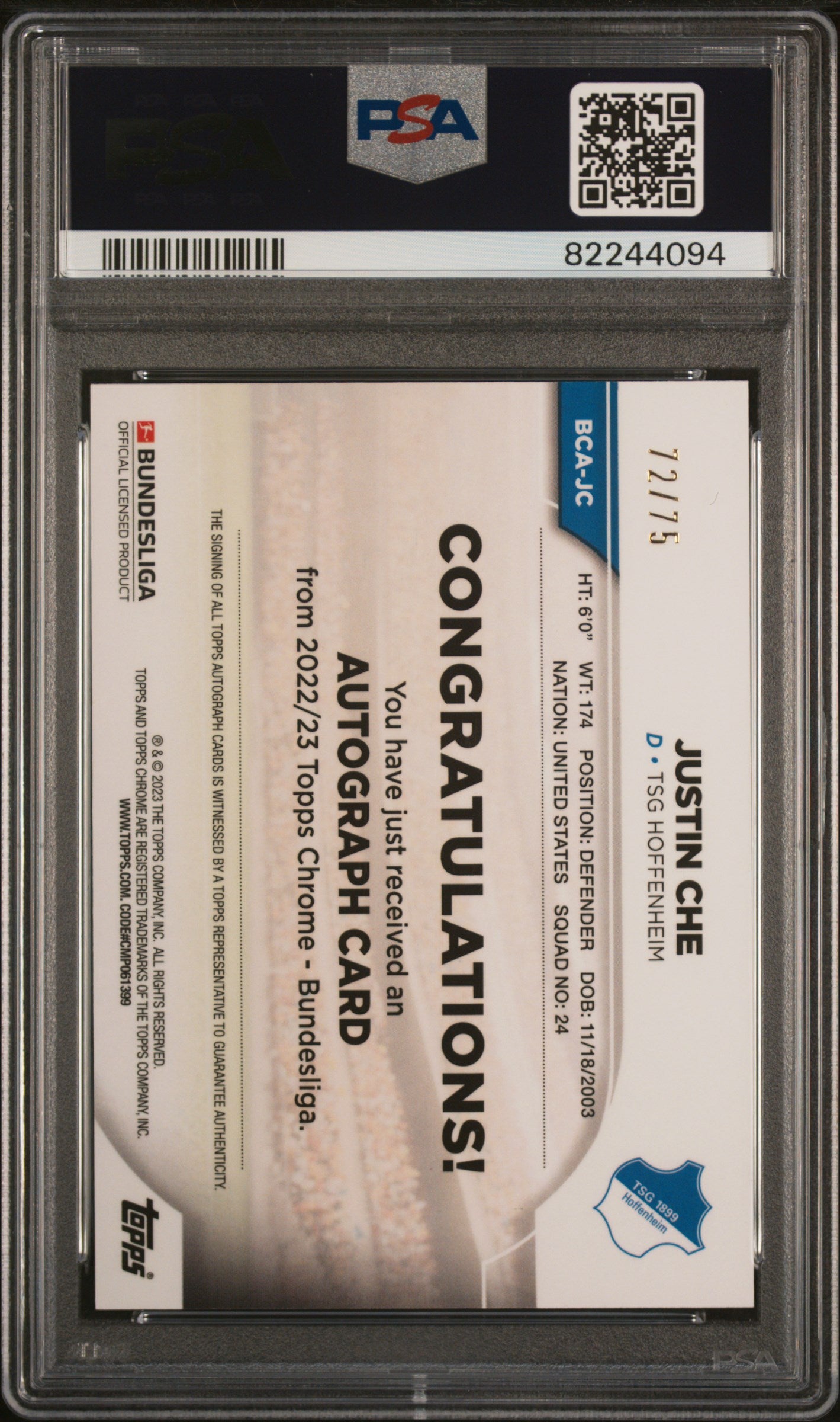 2022-23 Topps Chrome Bundesliga Pink Justin Che #JC Auto /75 PSA 10