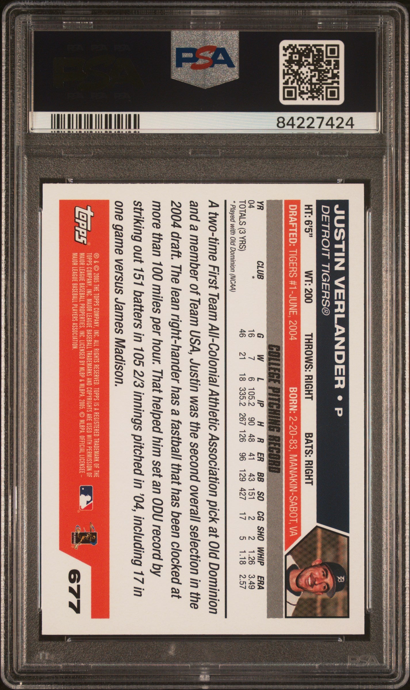 2005 Topps Justin Verlander #677 PSA 10