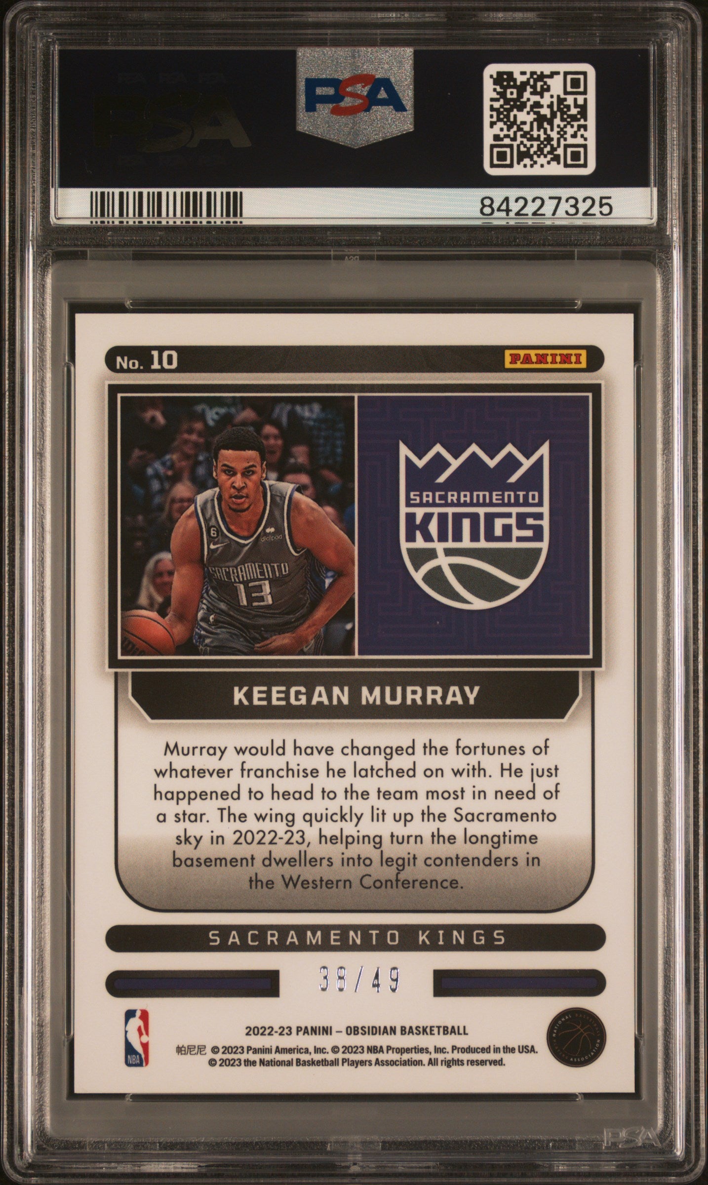 2022 Panini Obsidian Purple Flood Keegan Murray #10 /49 PSA 10