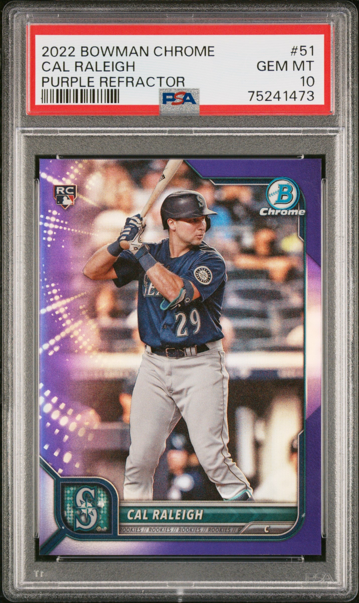 2022 Bowman Chrome Purple Refractor Cal Raleigh Rookie /250 RC #51 PSA 10