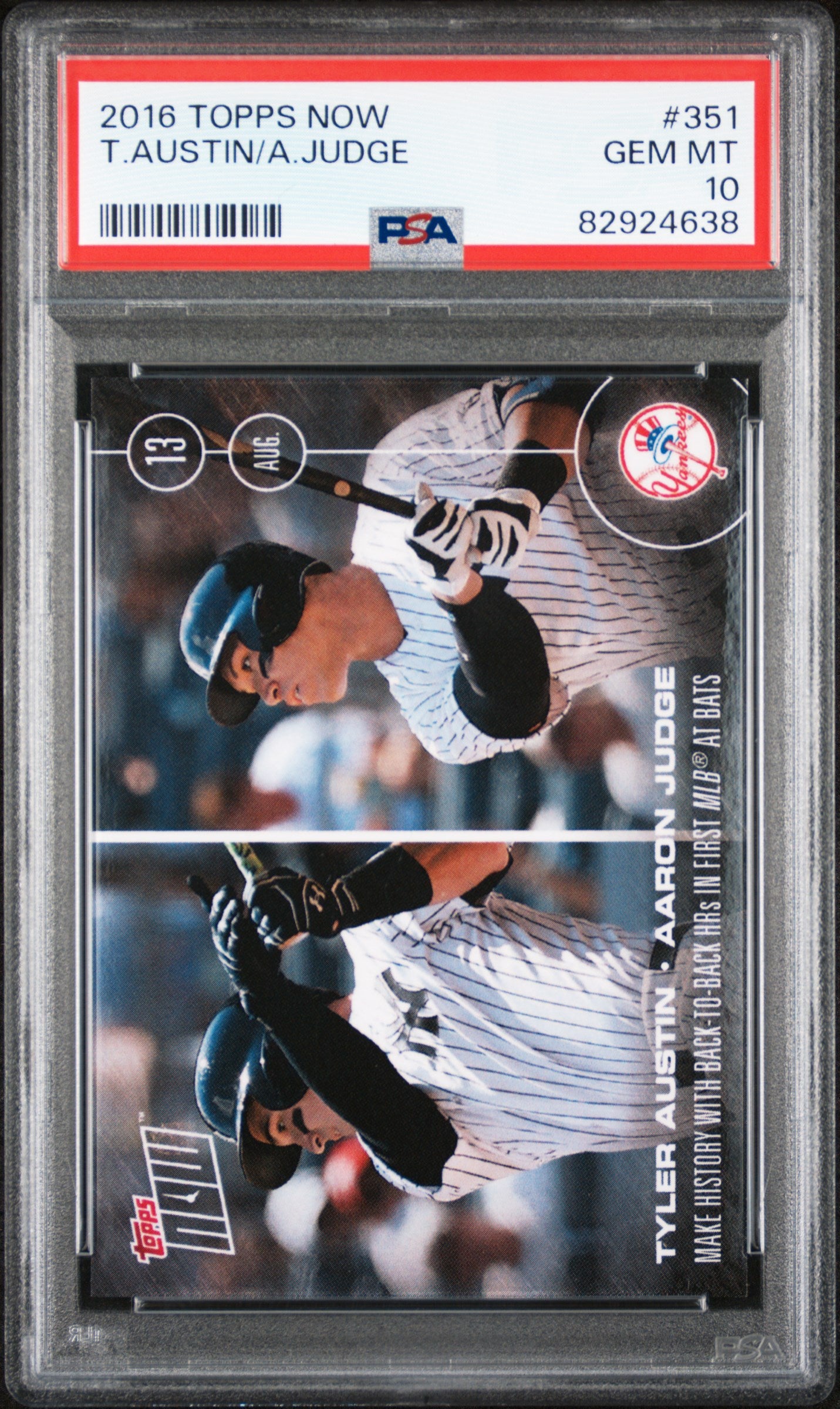 2016 Topps Now #351 Aaron Judge/Tyler Austin PSA 10 JUDGE FIRST MLB AT BAT HR