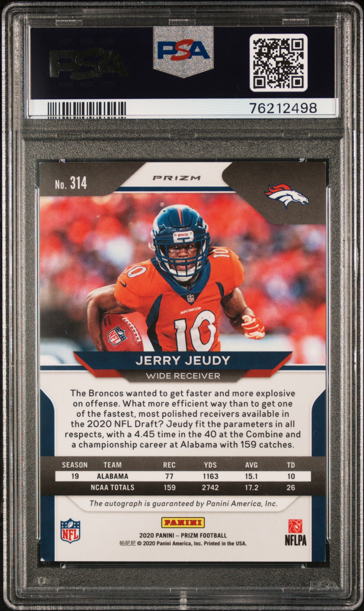 2020 Panini Prizm Jerry Jeudy #314 RC Auto PSA 8