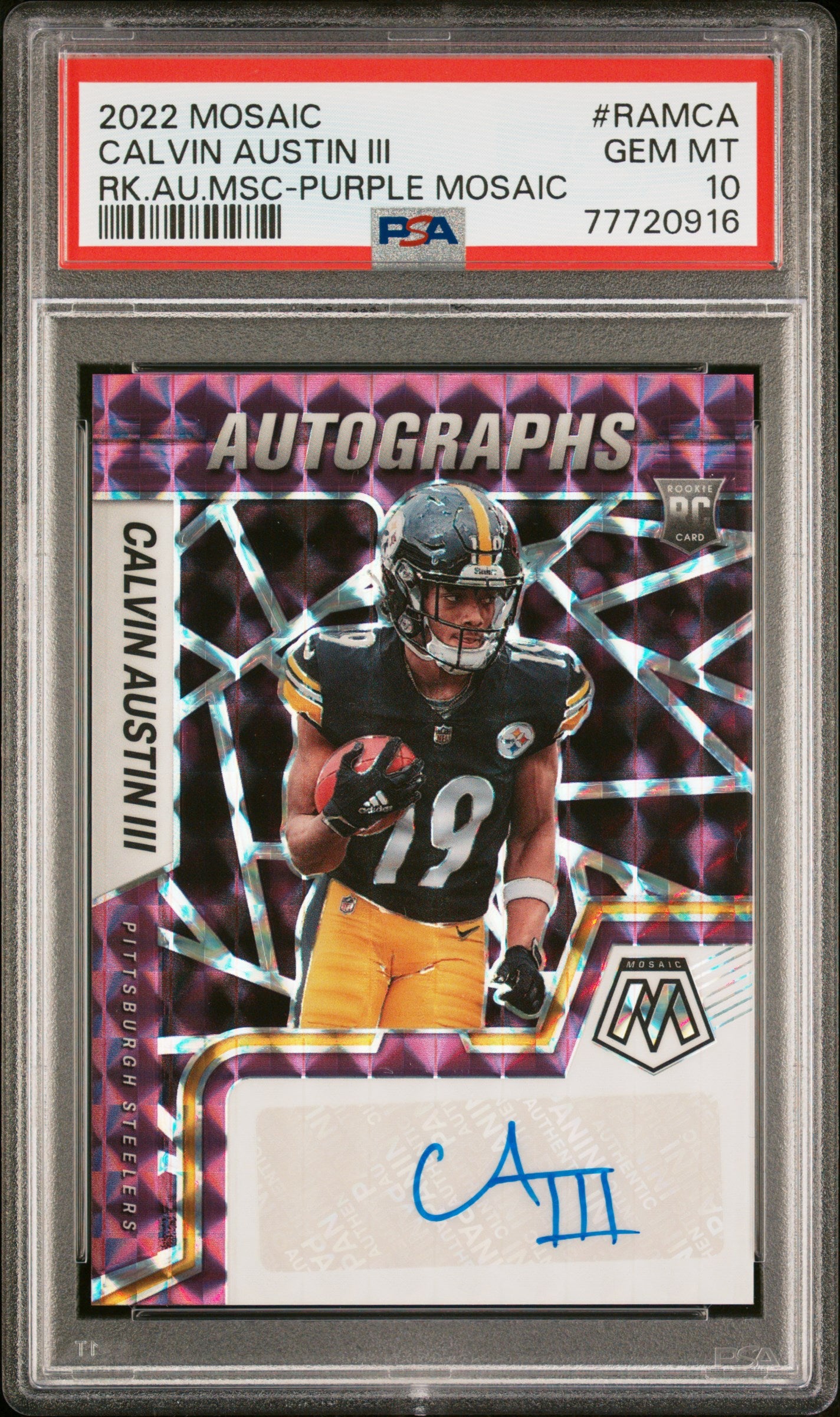 2022 Panini Mosaic Rookie Autograph Mosaic #RAMCA Calvin Austin III Purple Mosaic PSA 10