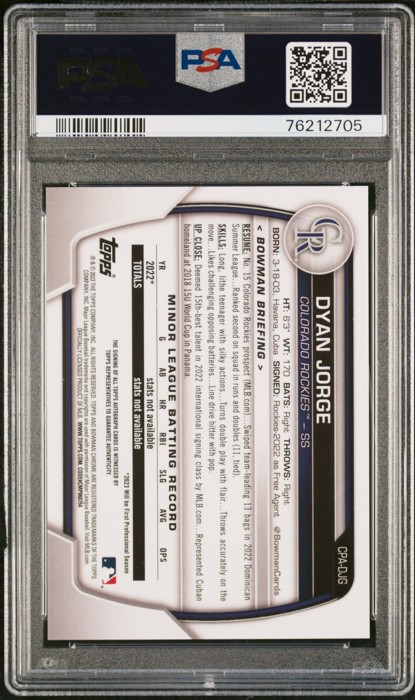 2023 Bowman Chrome Prospect Autograph Dyan Jorge #CPADJG PSA 10